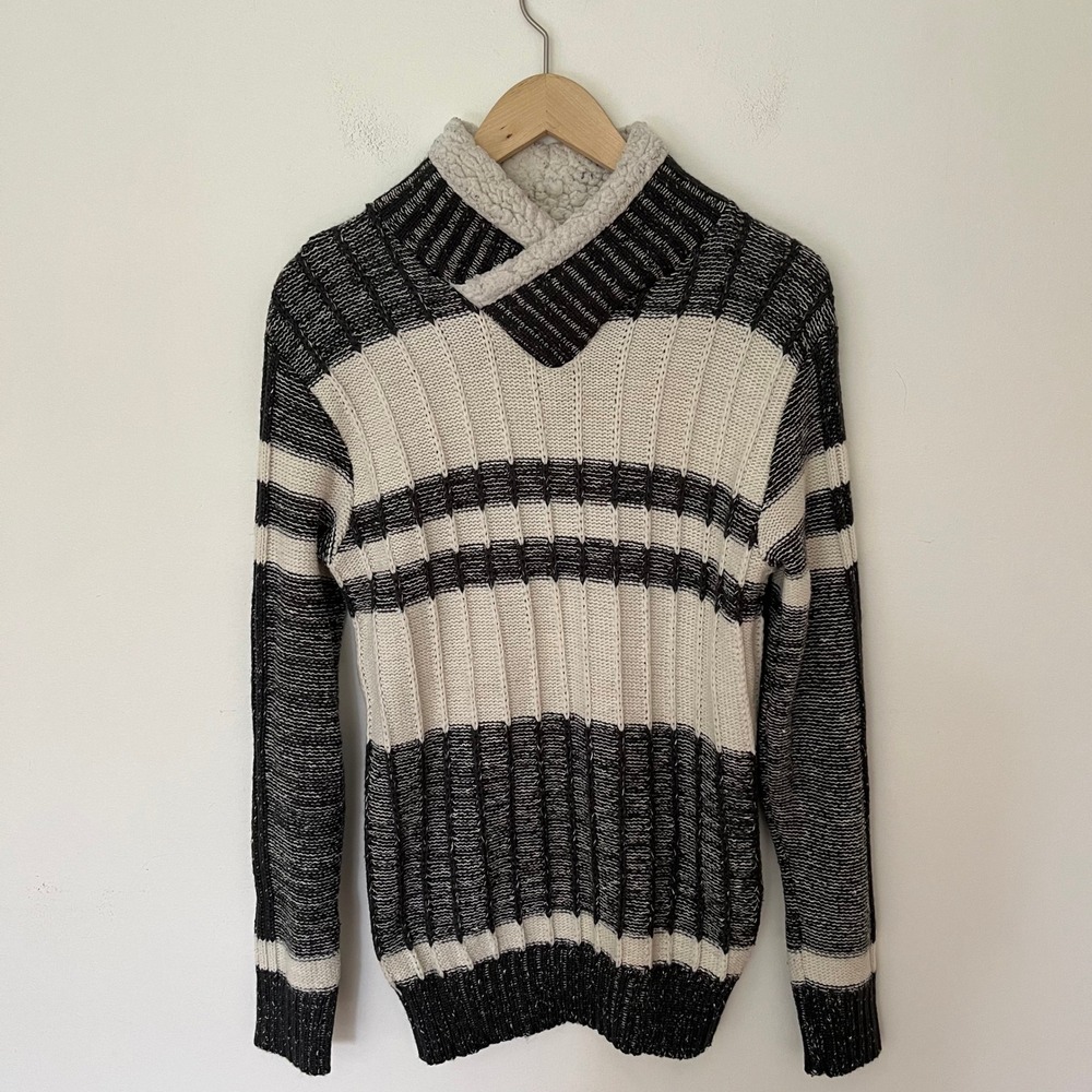 Gucci Mens Black Cream Striped Sherpa Shawl Collar Chunky Knit Sweater Italy
